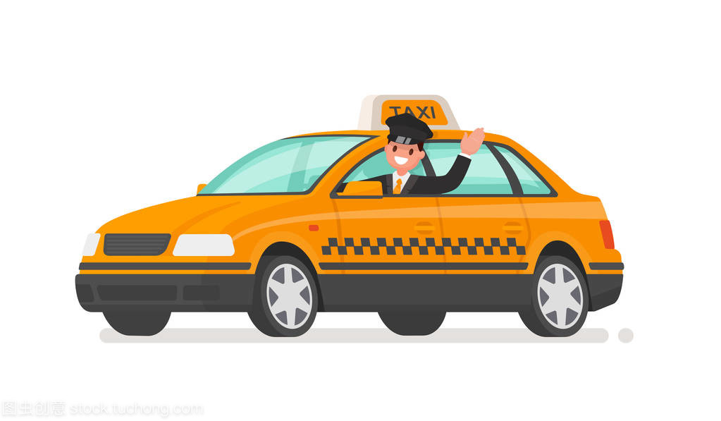 司機(jī)正在開一輛出租車。黃色計(jì)程車矢量插圖